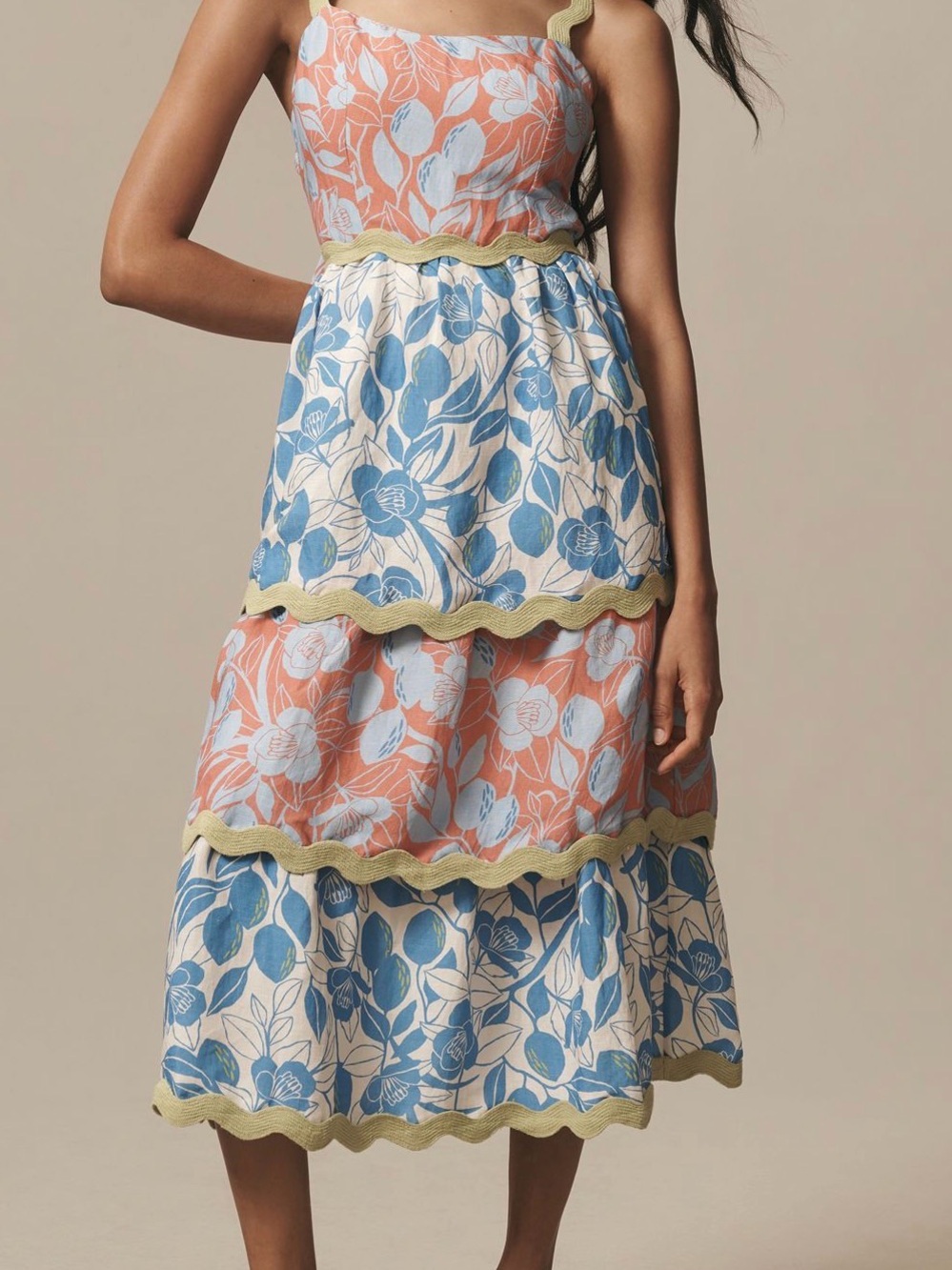 FARM Rio for Anthropologie - blue Coral & White Tiered Floral Midi Dress